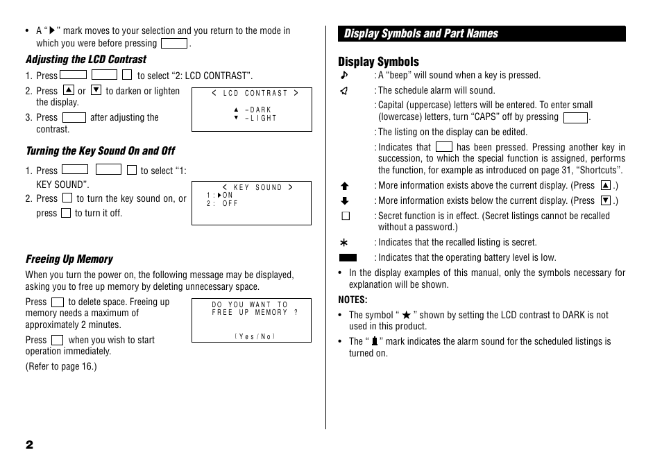 Display symbols, Display symbols and part names | Sharp YO-190 User Manual | Page 4 / 44