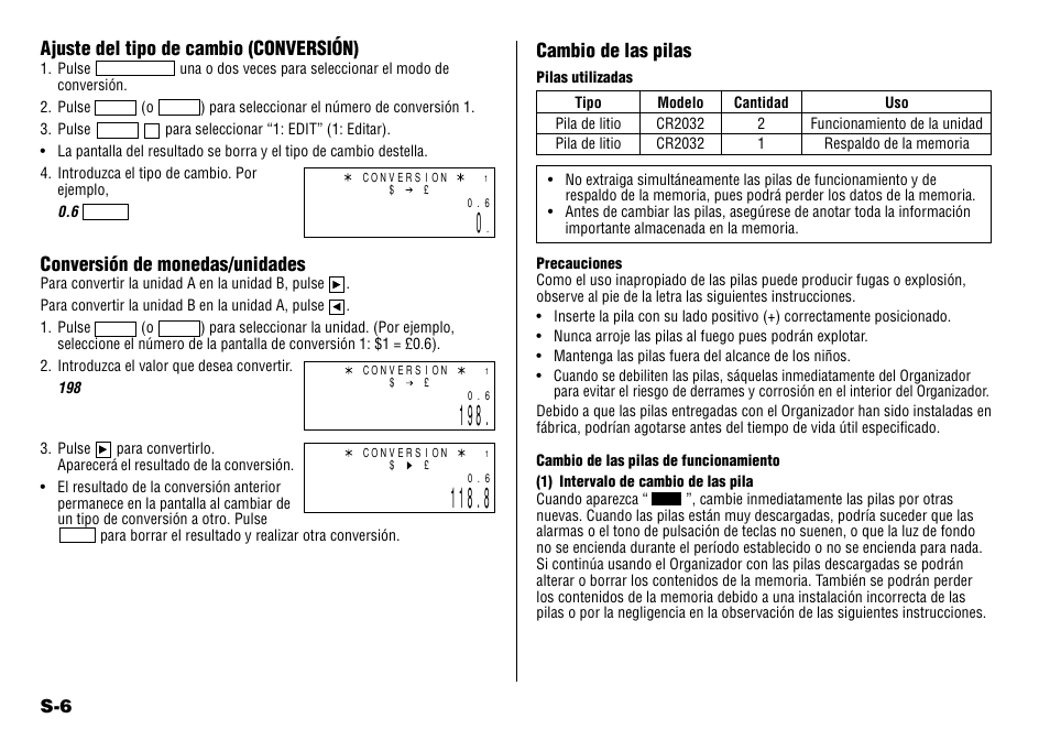 Ajuste del tipo de cambio (conversión), Conversión de monedas/unidades, Cambio de las pilas | Sharp YO-190 User Manual | Page 40 / 44