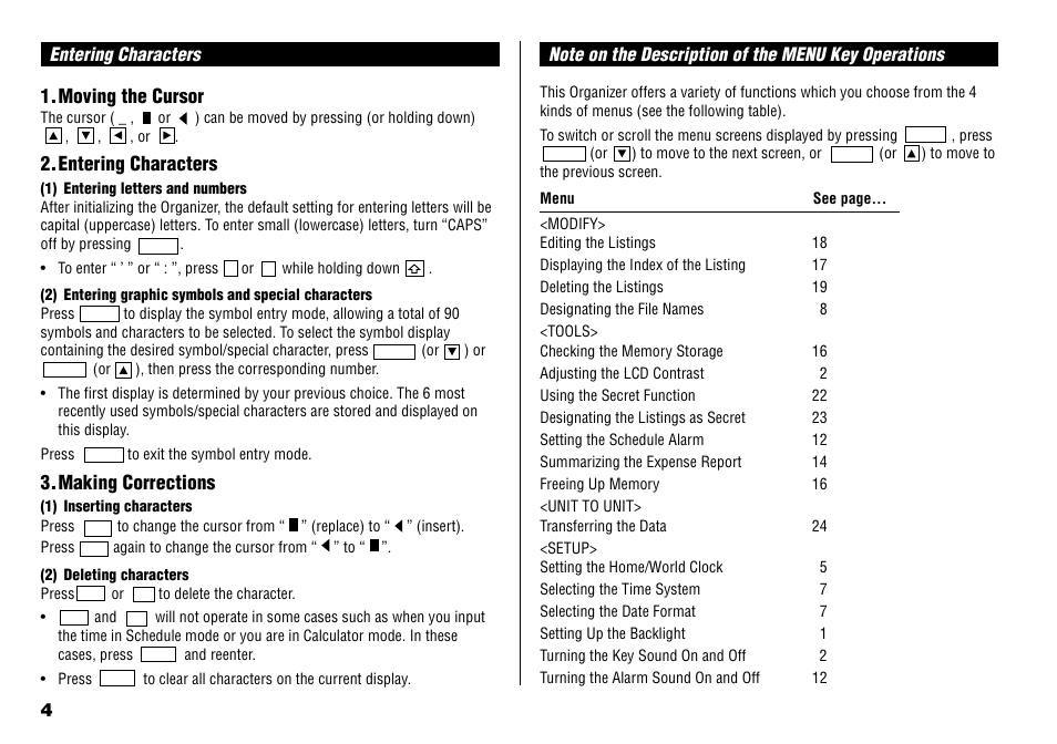 Entering characters 1.moving the cursor, Entering characters, Making corrections | Sharp YO-190 User Manual | Page 6 / 44