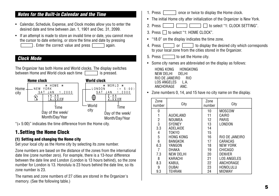 Clock mode, Setting the home clock | Sharp YO-190 User Manual | Page 7 / 44