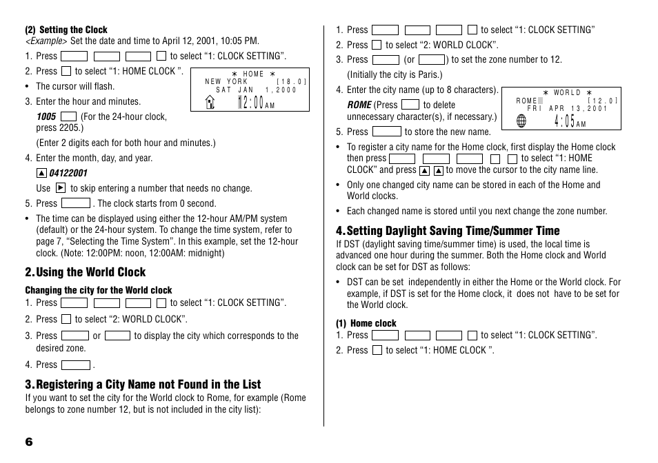 Using the world clock, Registering a city name not found in the list, Setting daylight saving time/summer time | Sharp YO-190 User Manual | Page 8 / 44