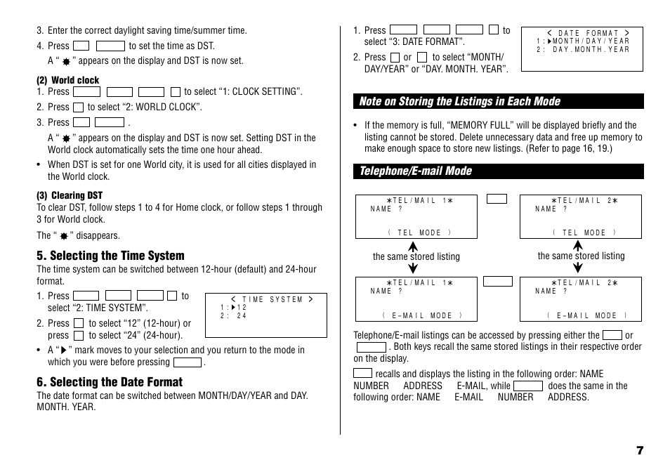 Selecting the time system, Selecting the date format, Telephone/e-mail mode | Sharp YO-190 User Manual | Page 9 / 44