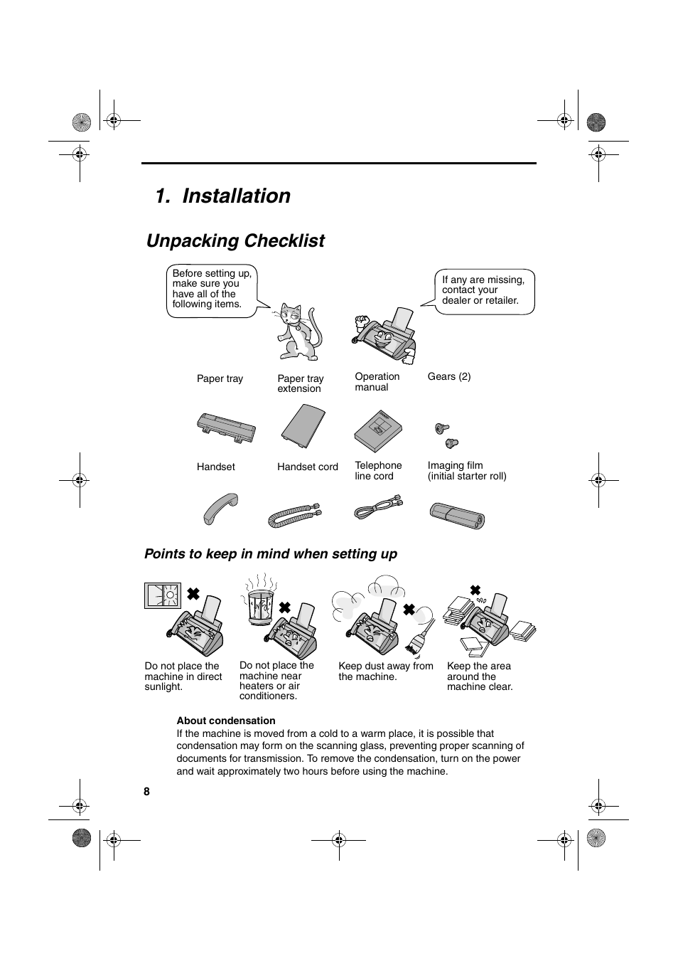 Installation, Unpacking checklist | Sharp UX-P100 User Manual | Page 10 / 88