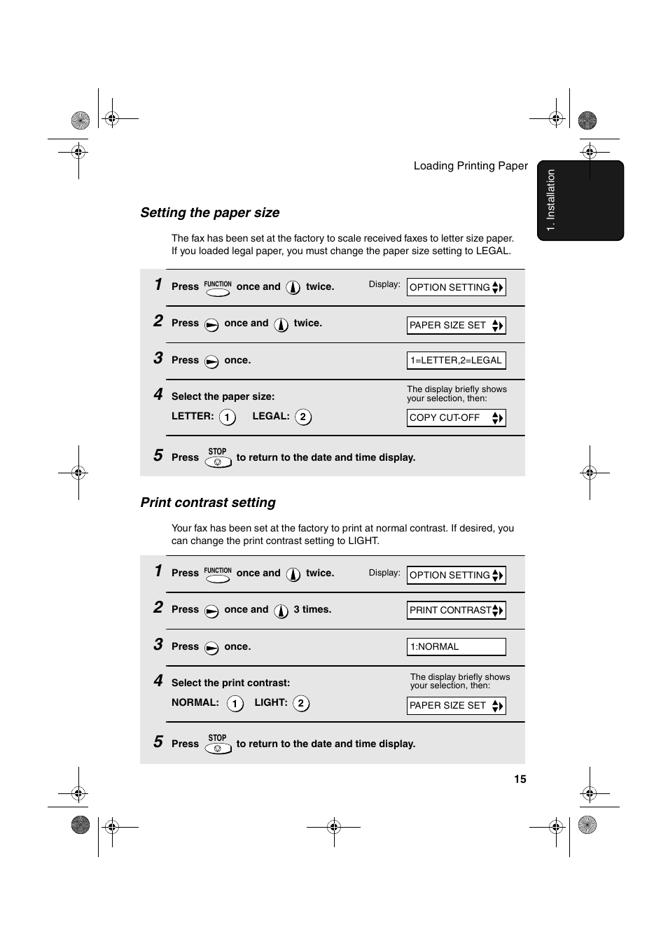 Print contrast setting, Setting the paper size | Sharp UX-P100 User Manual | Page 17 / 88