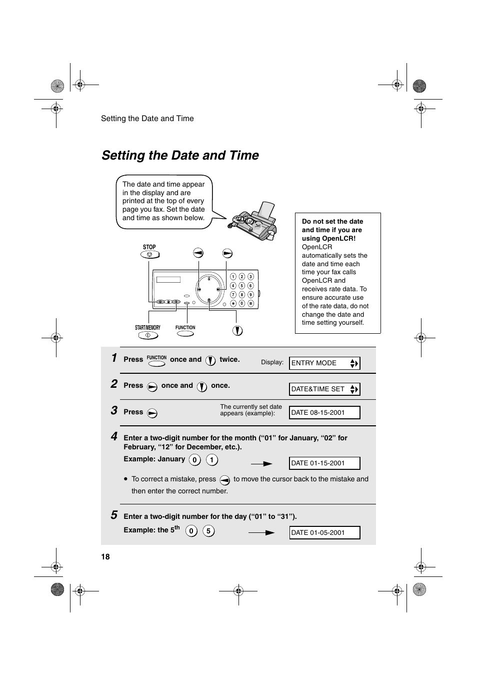 Setting the date and time | Sharp UX-P100 User Manual | Page 20 / 88