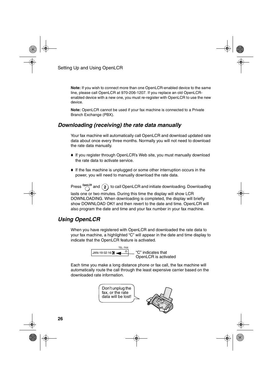 Downloading (receiving) the rate data manually, Using openlcr | Sharp UX-P100 User Manual | Page 28 / 88