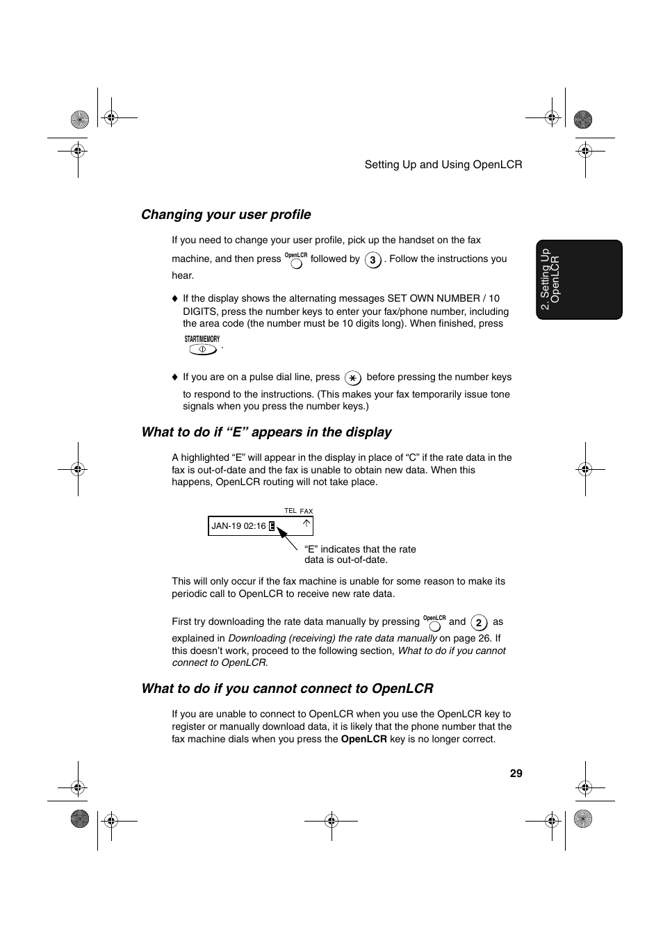 Changing your user profile, What to do if “e” appears in the display, What to do if you cannot connect to openlcr | Sharp UX-P100 User Manual | Page 31 / 88