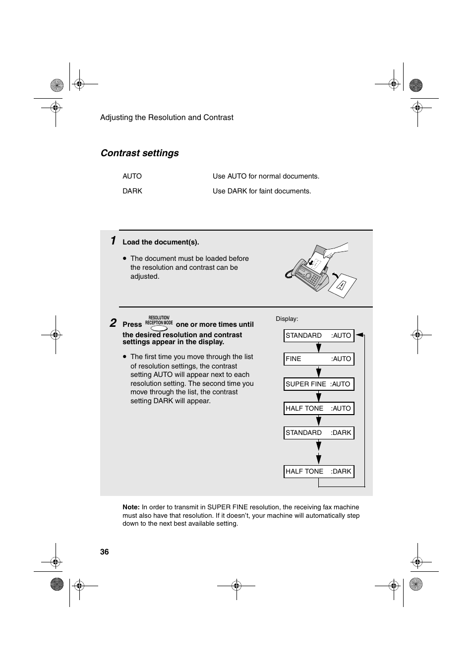 Contrast settings | Sharp UX-P100 User Manual | Page 38 / 88