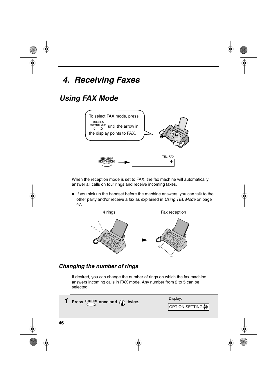 Receiving faxes, Using fax mode, Changing the number of rings | Sharp UX-P100 User Manual | Page 48 / 88