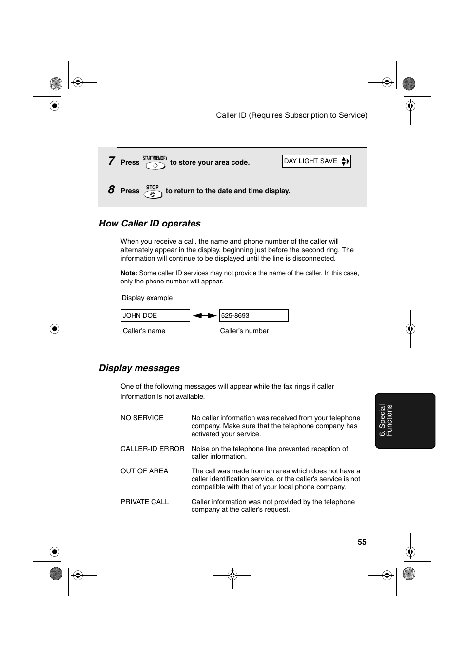 How caller id operates, Display messages | Sharp UX-P100 User Manual | Page 57 / 88