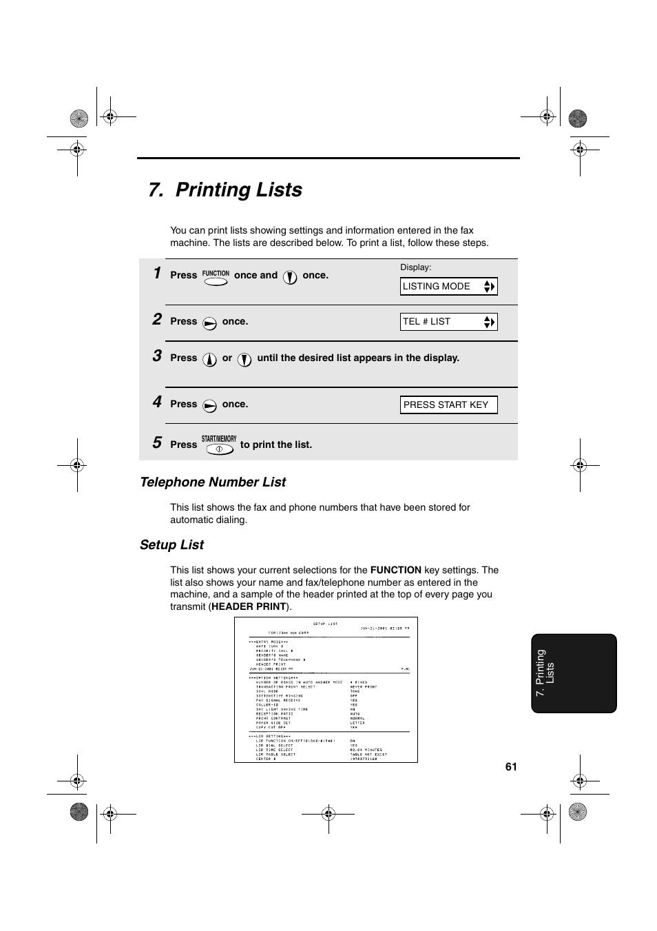Printing lists | Sharp UX-P100 User Manual | Page 63 / 88