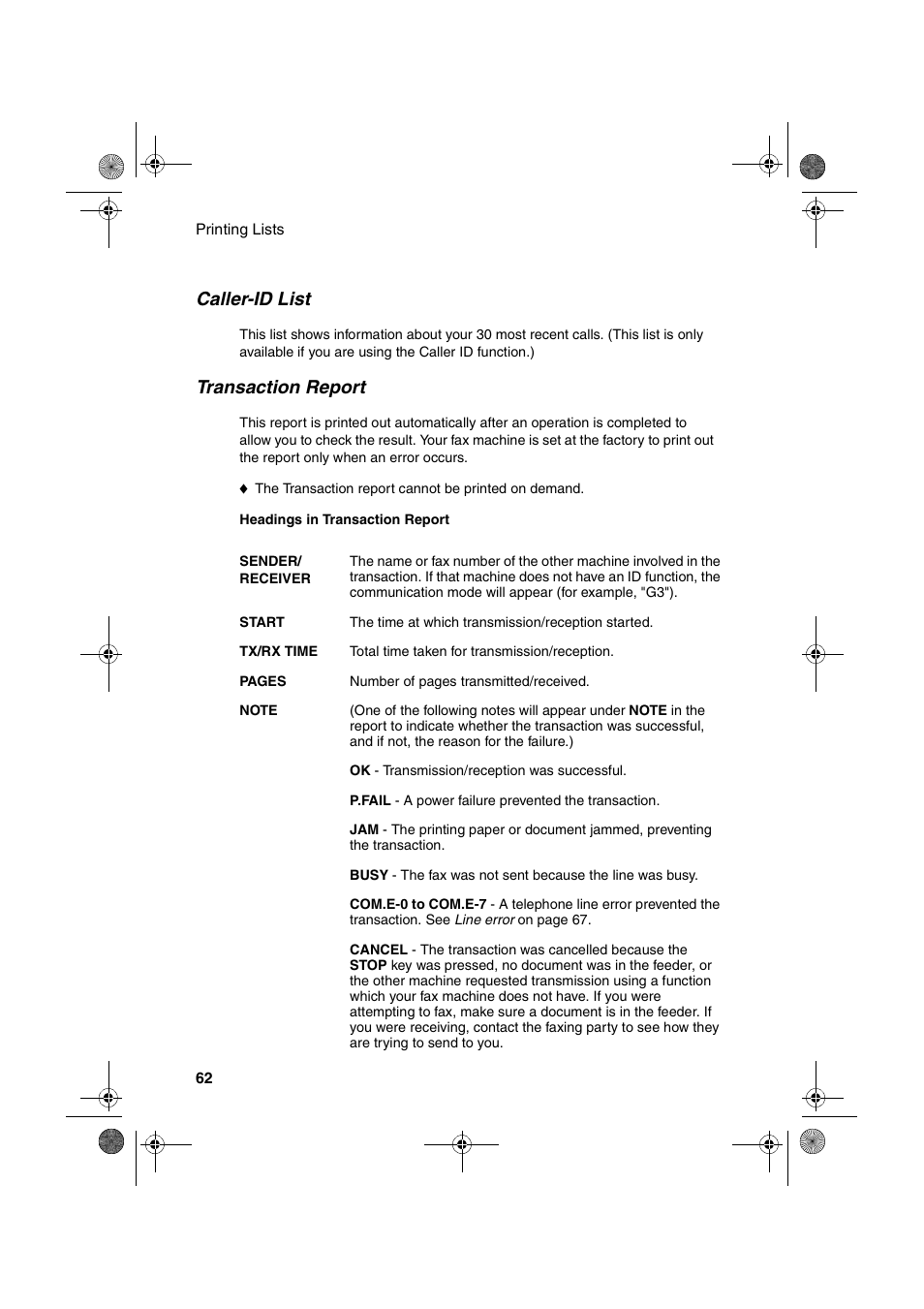 Caller-id list, Transaction report | Sharp UX-P100 User Manual | Page 64 / 88