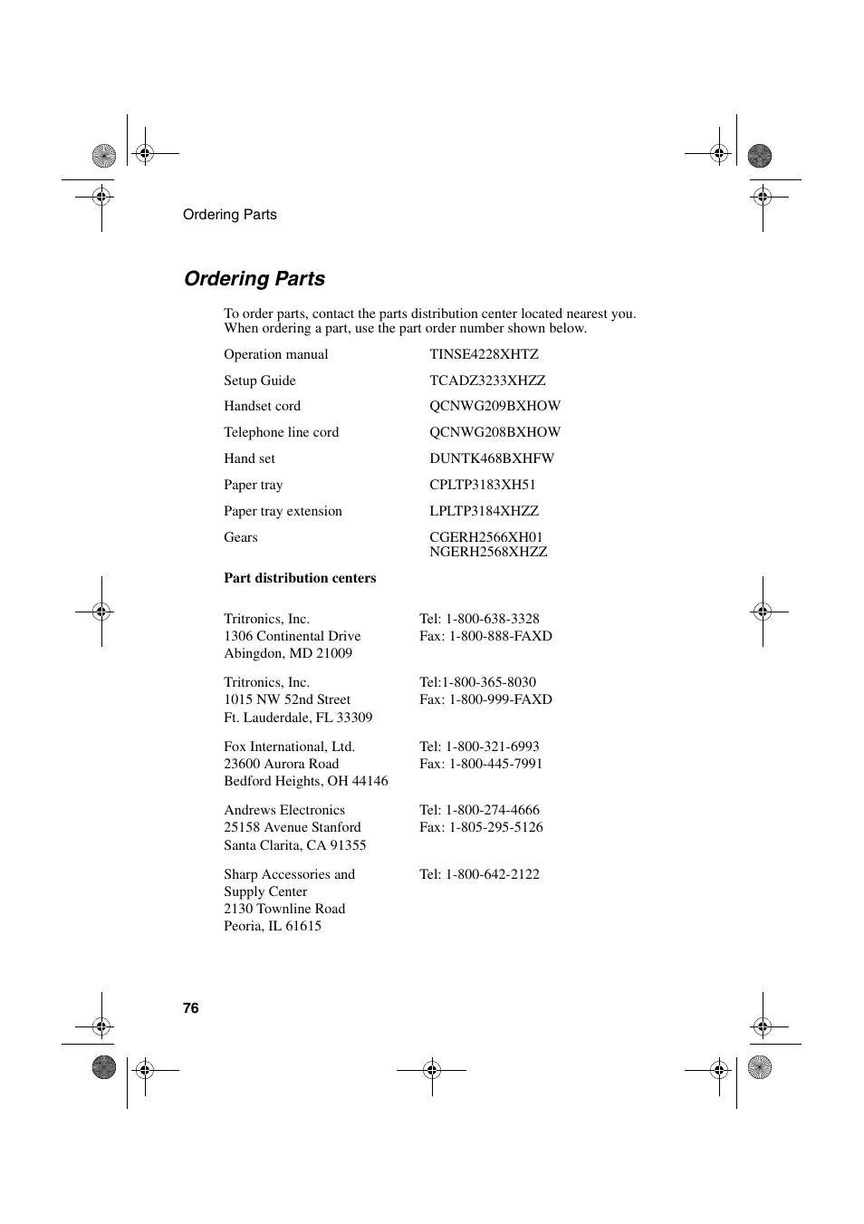 Ordering parts | Sharp UX-P100 User Manual | Page 78 / 88