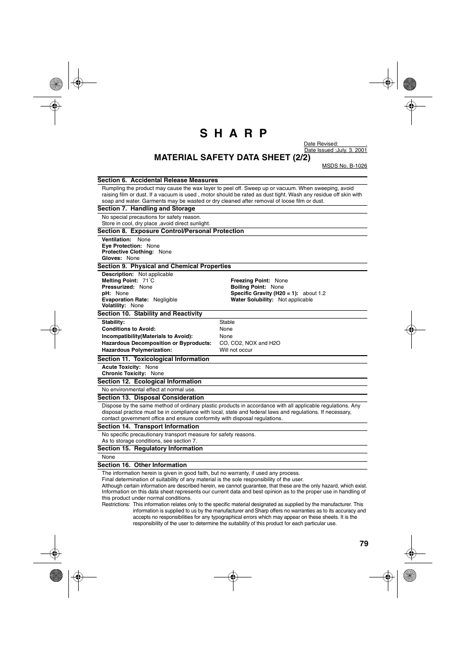 Material safety data sheet (2/2) | Sharp UX-P100 User Manual | Page 81 / 88