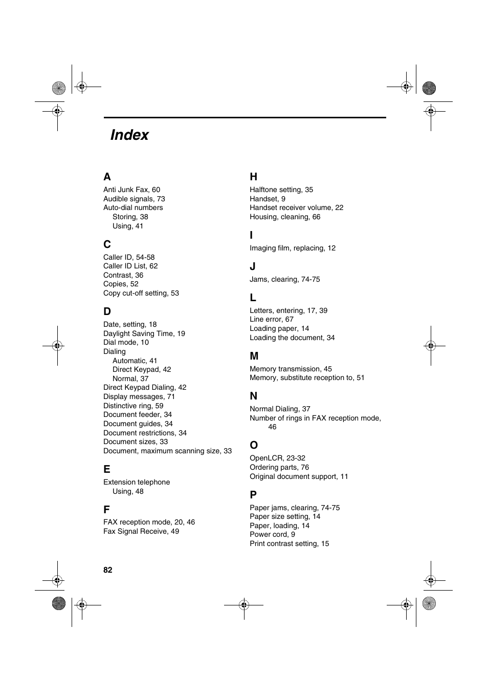 Index | Sharp UX-P100 User Manual | Page 84 / 88