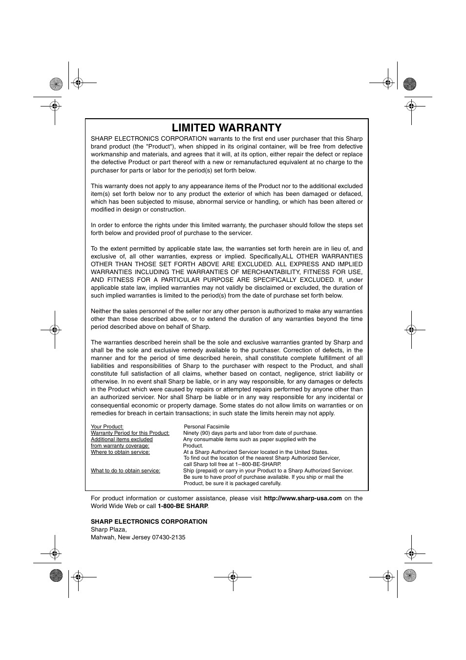 Limited warranty | Sharp UX-P100 User Manual | Page 87 / 88