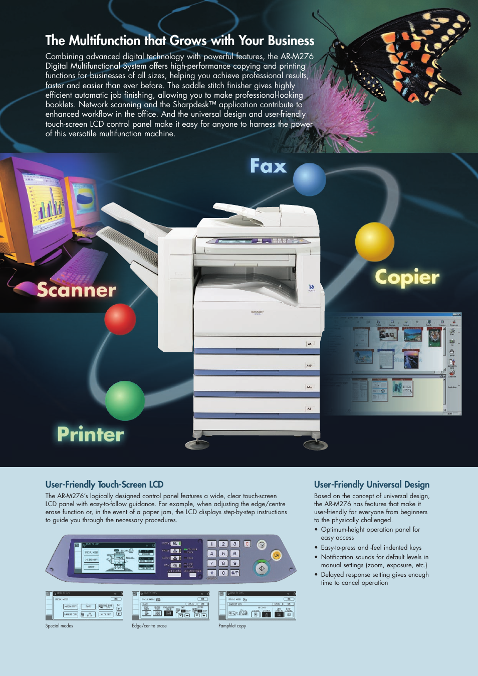 The multifunction that grows with your business, User-friendly touch-screen lcd, User-friendly universal design | Sharp AR-M276 User Manual | Page 2 / 8
