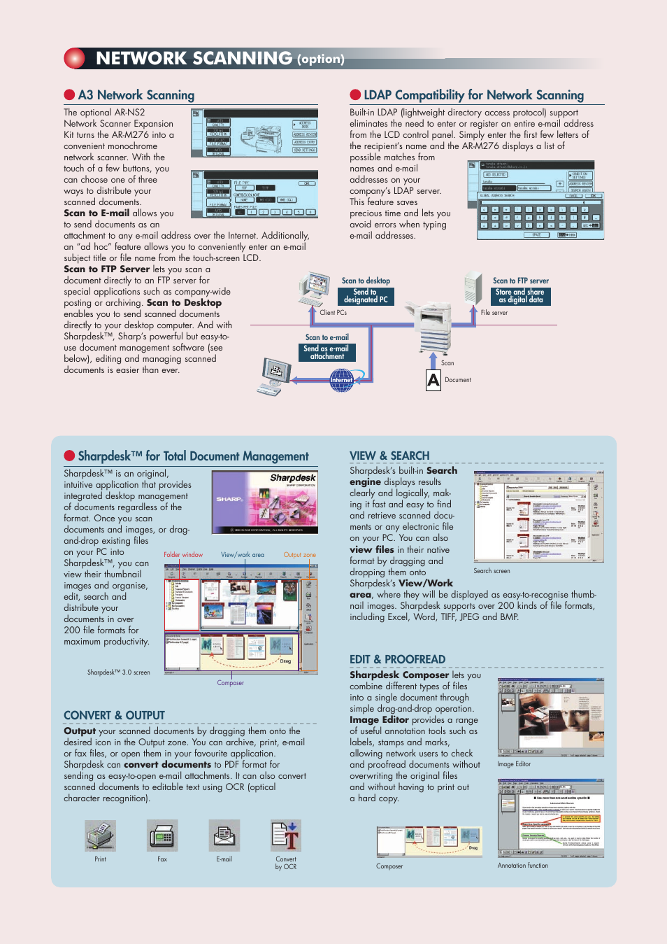 Network scanning, A3 network scanning, Sharpdesk™ for total document management | Ldap compatibility for network scanning, Option), View & search, Edit & proofread, Convert & output | Sharp AR-M276 User Manual | Page 5 / 8