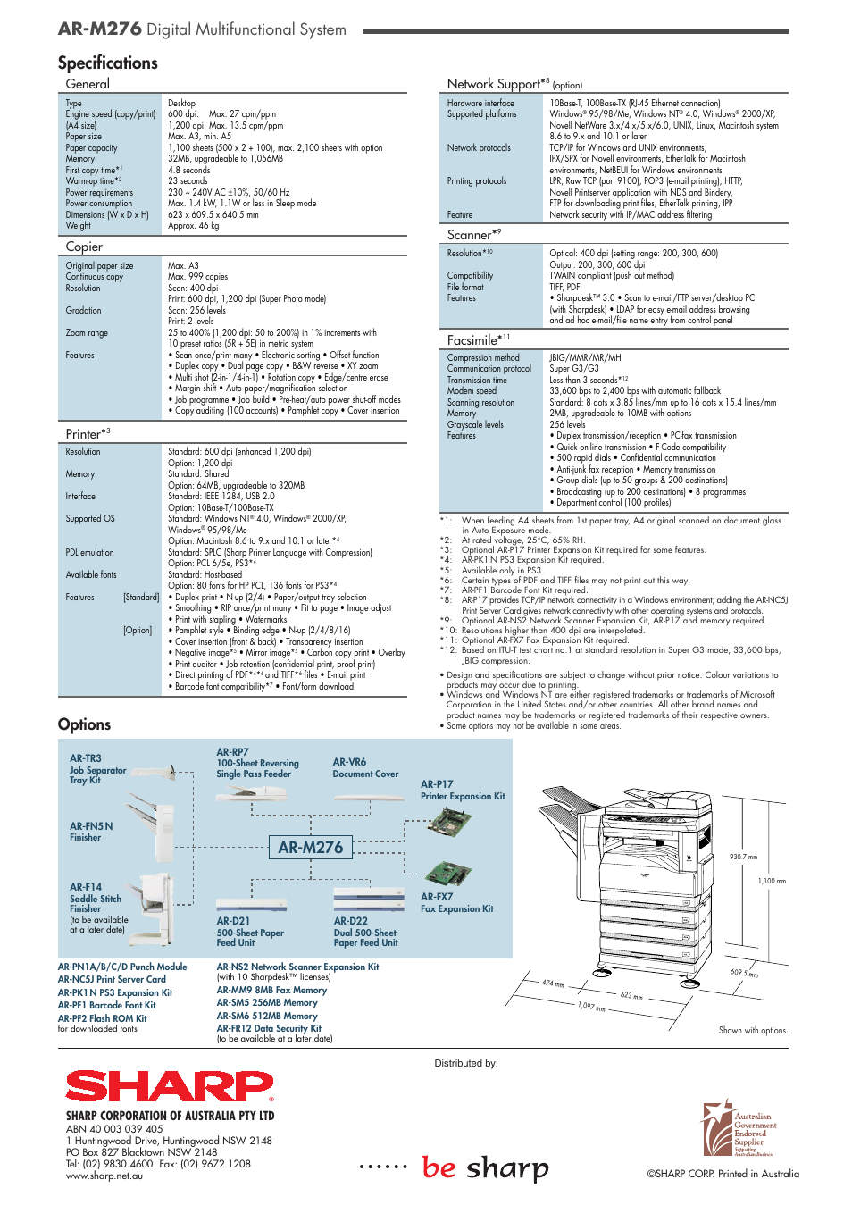 Ar-m276, Specifications, Digital multifunctional system | Options, General copier printer, Network support, Scanner, Facsimile | Sharp AR-M276 User Manual | Page 8 / 8