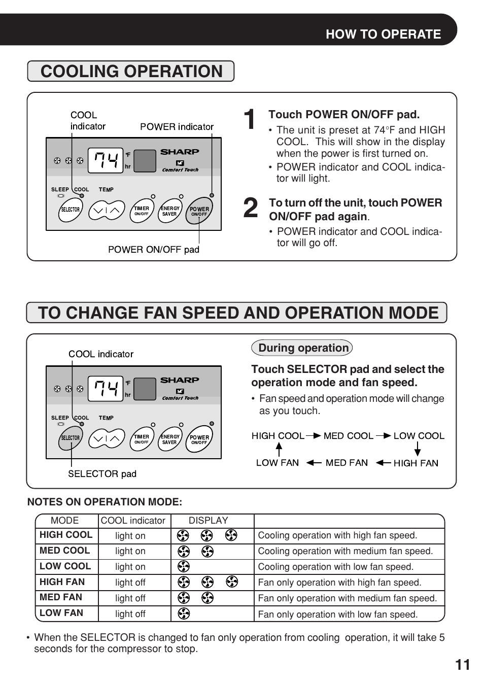 Cooling operation, To change fan speed and operation mode, How to operate | Touch power on/off pad | Sharp AF-R80EX User Manual | Page 11 / 20