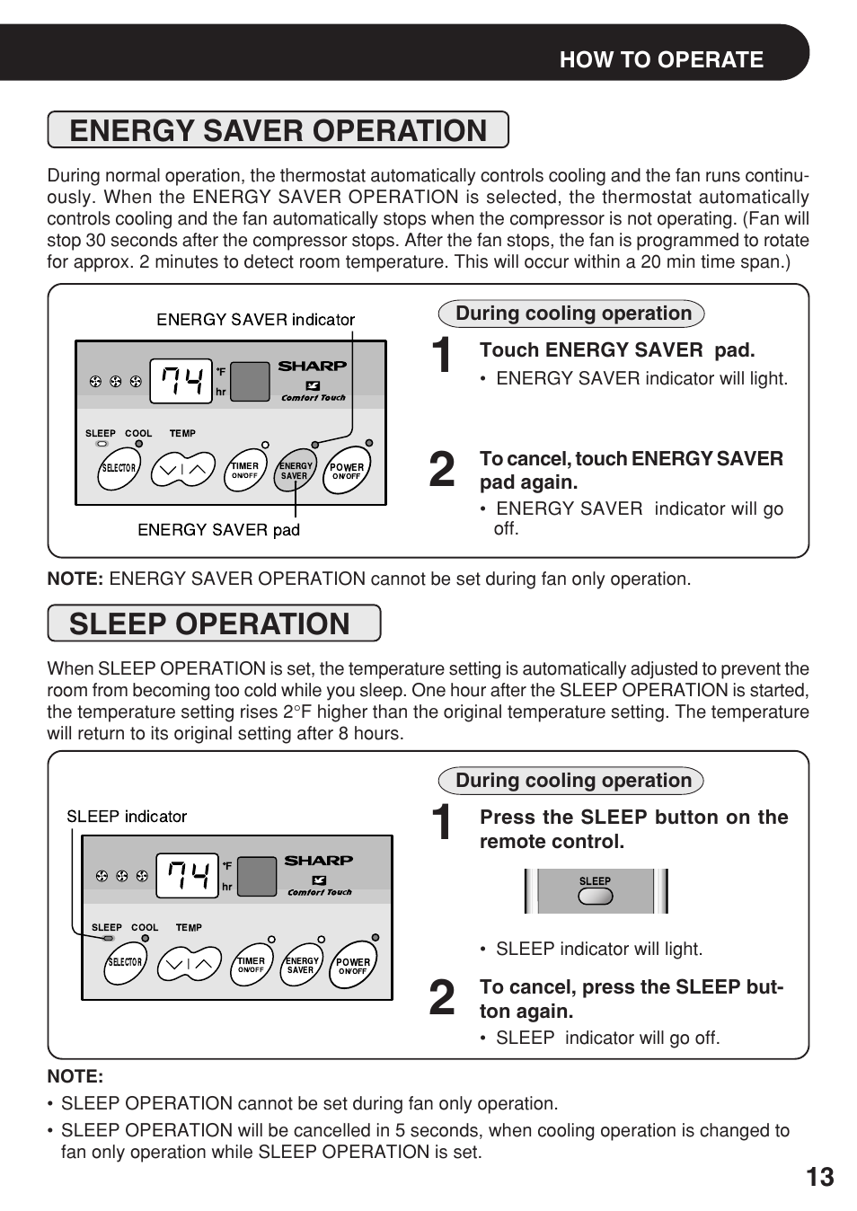 Energy saver operation, Sleep operation, How to operate | Sharp AF-R80EX User Manual | Page 13 / 20