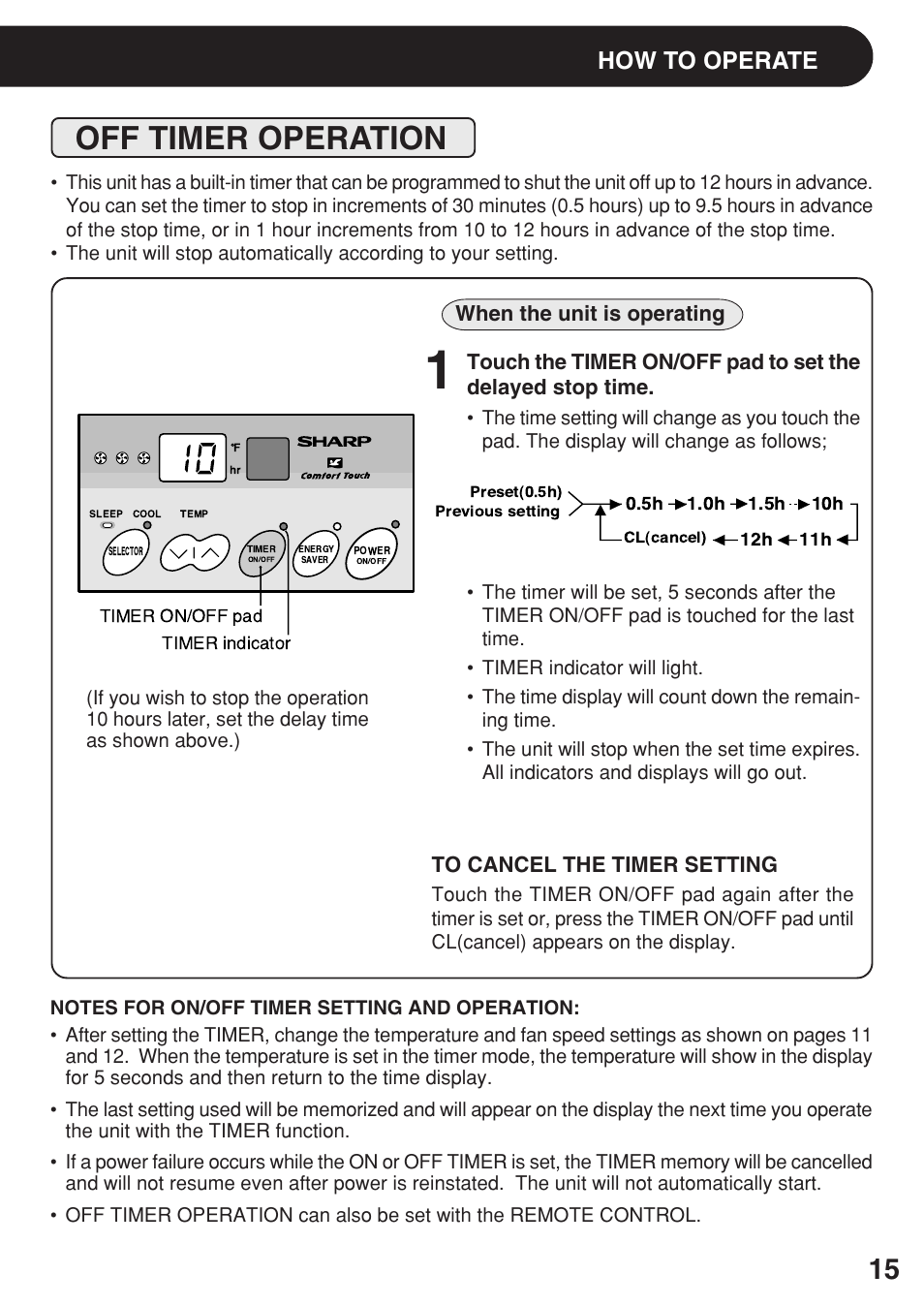 Off timer operation, How to operate, When the unit is operating | Sharp AF-R80EX User Manual | Page 15 / 20