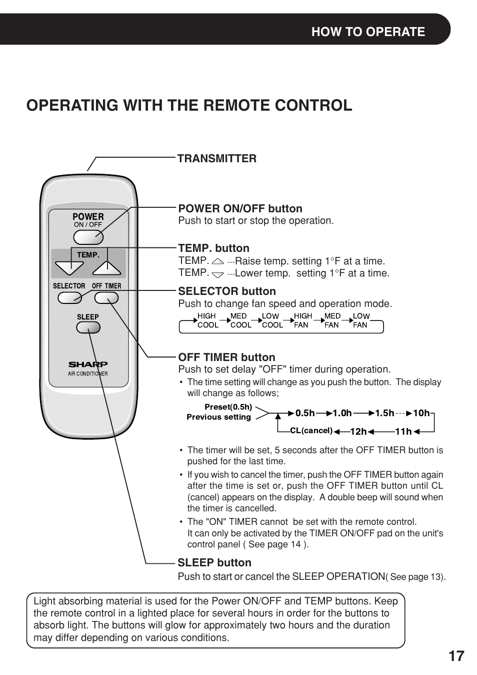 Operating with the remote control, How to operate, Transmitter temp. button power on/off button | Selector button, Off timer button, Sleep button | Sharp AF-R80EX User Manual | Page 17 / 20