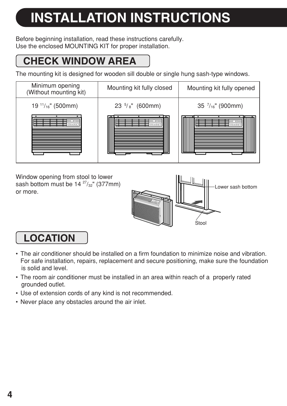 Installation instructions, Check window area, Location | Sharp AF-R80EX User Manual | Page 4 / 20