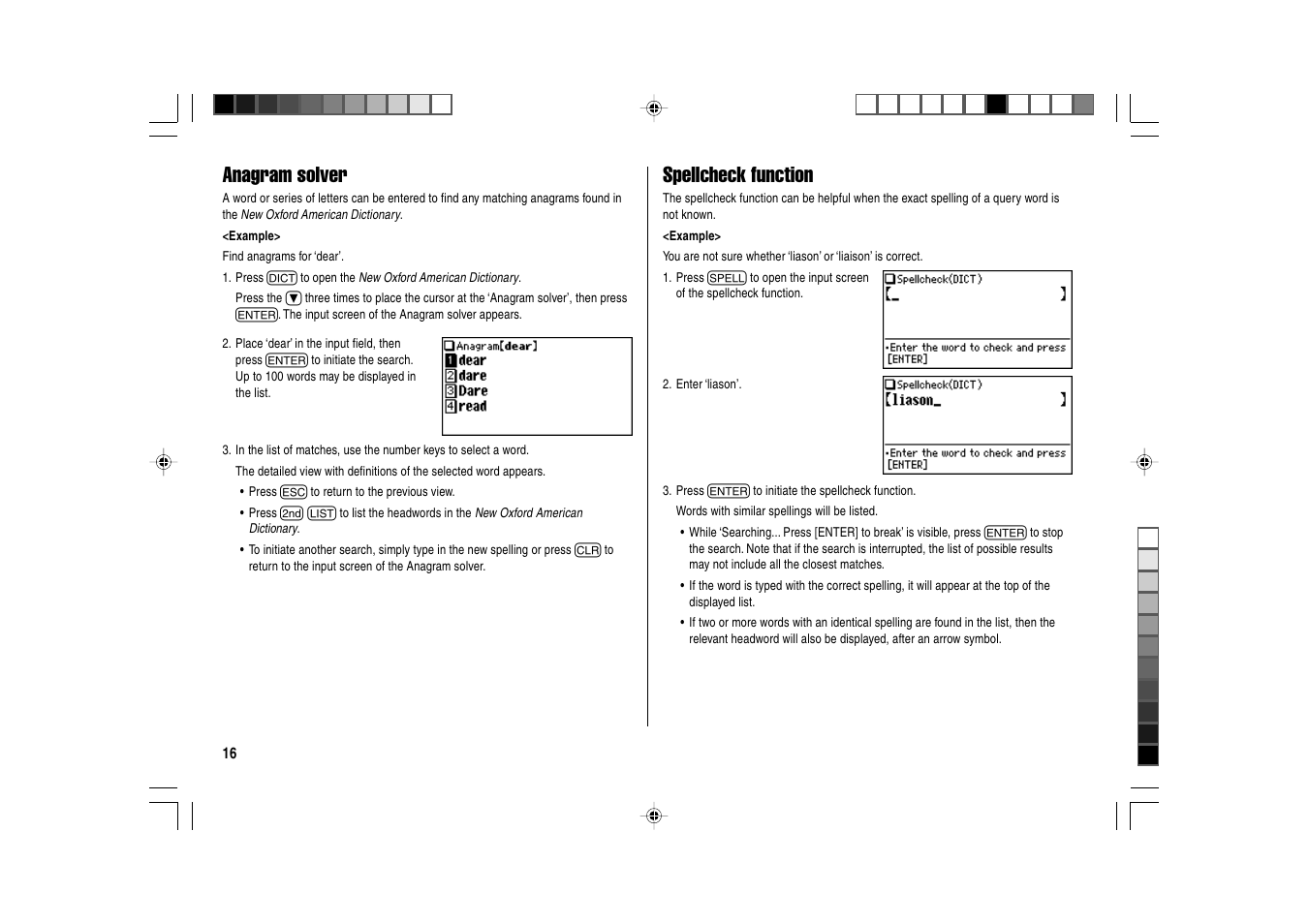 Anagram solver, Spellcheck function | Sharp Electronic Dictionary PW-E550 User Manual | Page 18 / 56