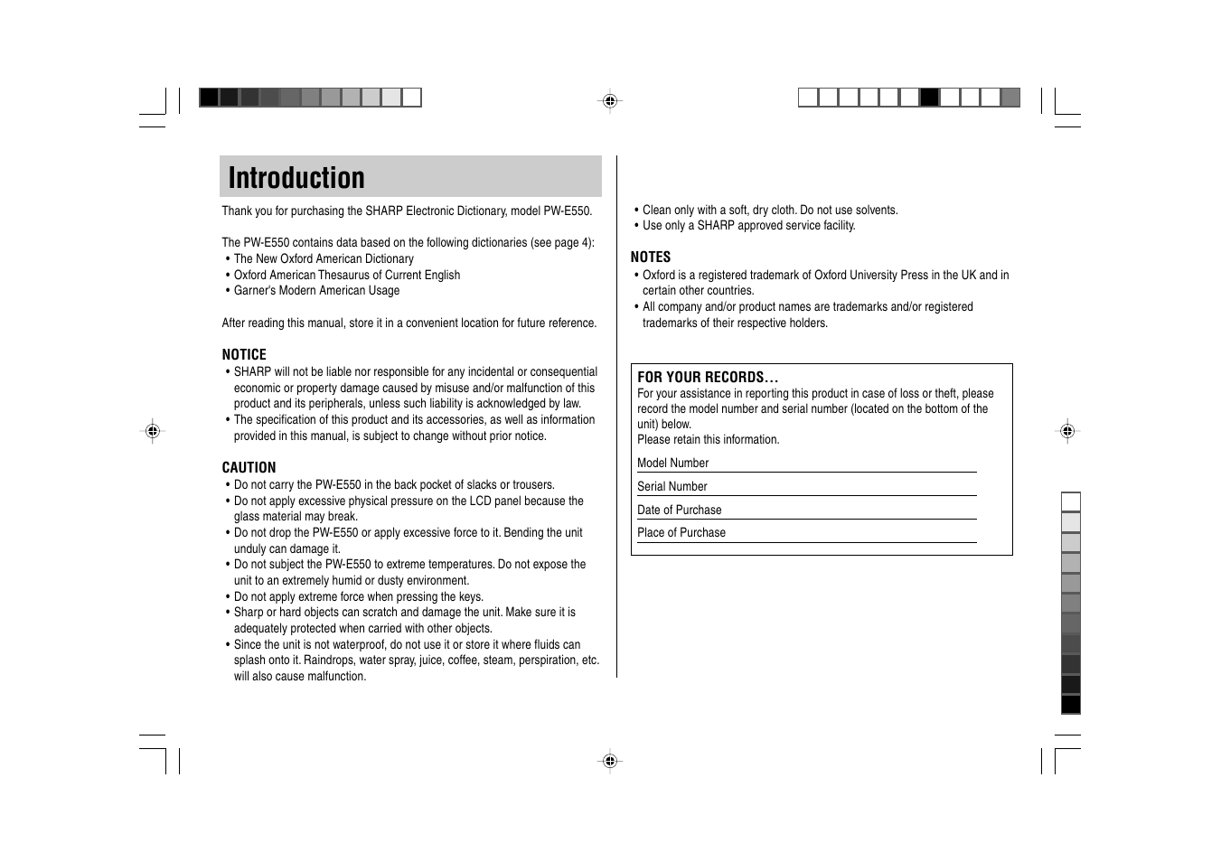 Introduction | Sharp Electronic Dictionary PW-E550 User Manual | Page 2 / 56