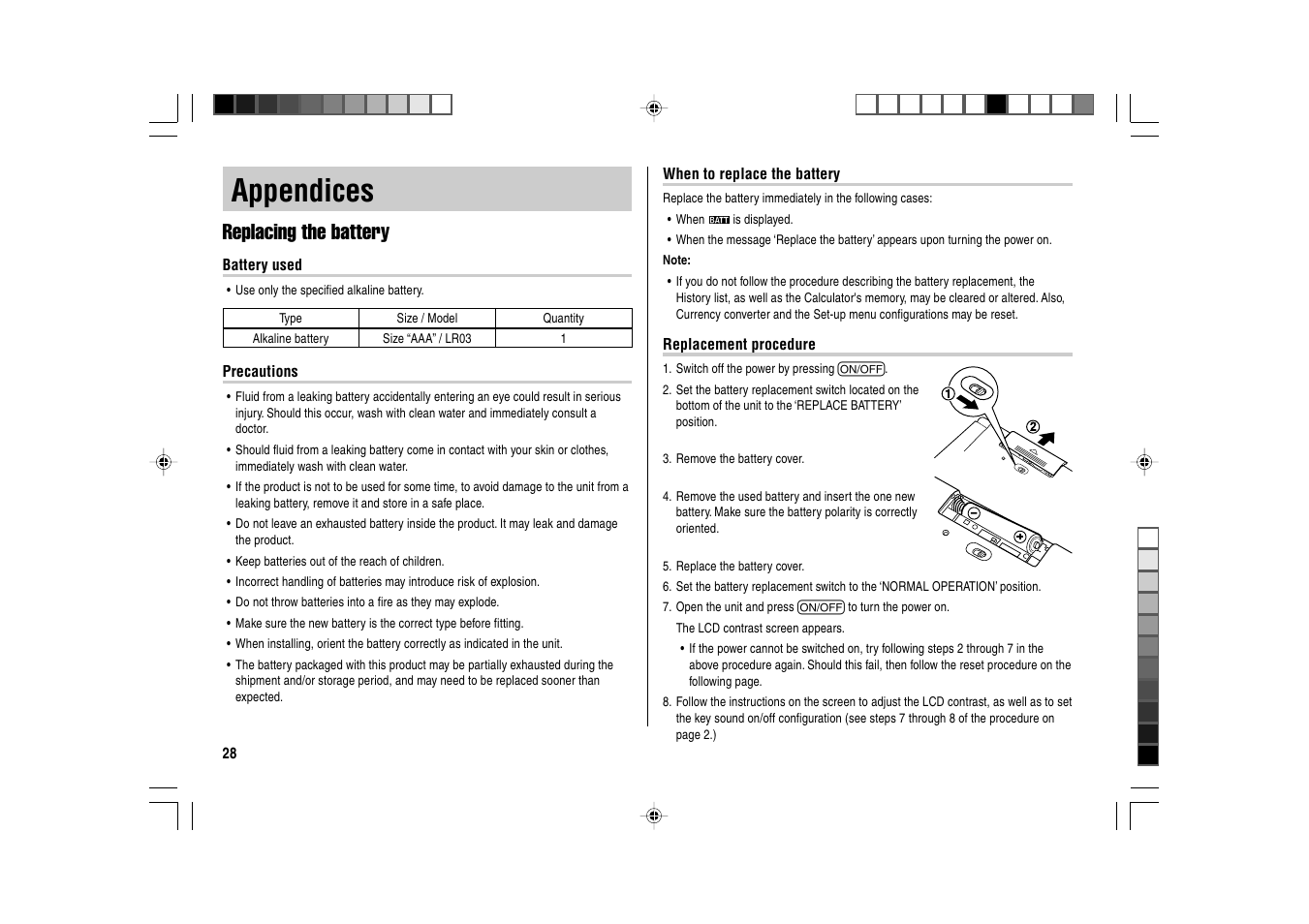 Appendices, Replacing the battery | Sharp Electronic Dictionary PW-E550 User Manual | Page 30 / 56