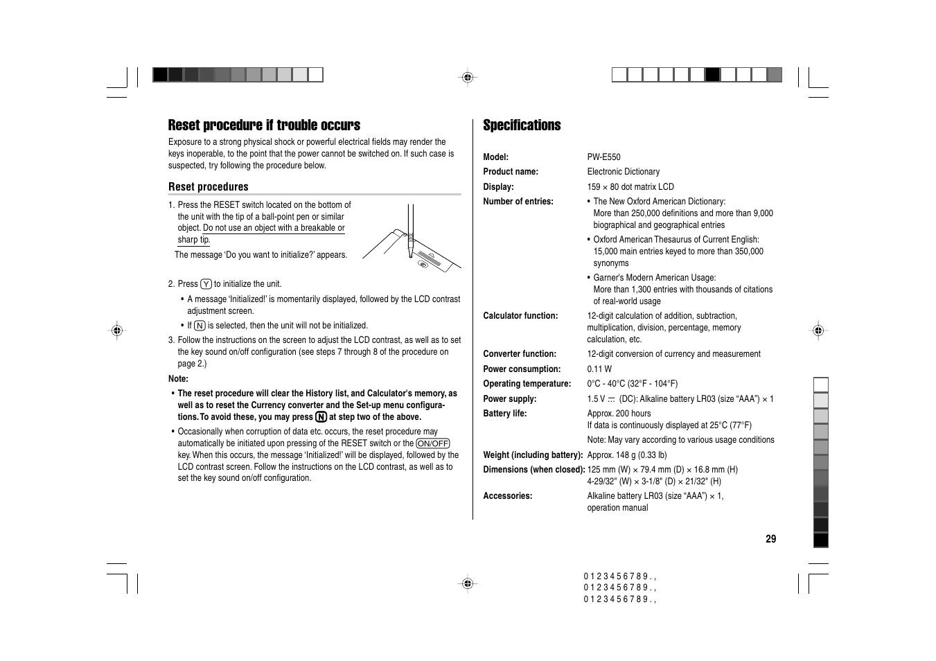 Reset procedure if trouble occurs, Specifications | Sharp Electronic Dictionary PW-E550 User Manual | Page 31 / 56