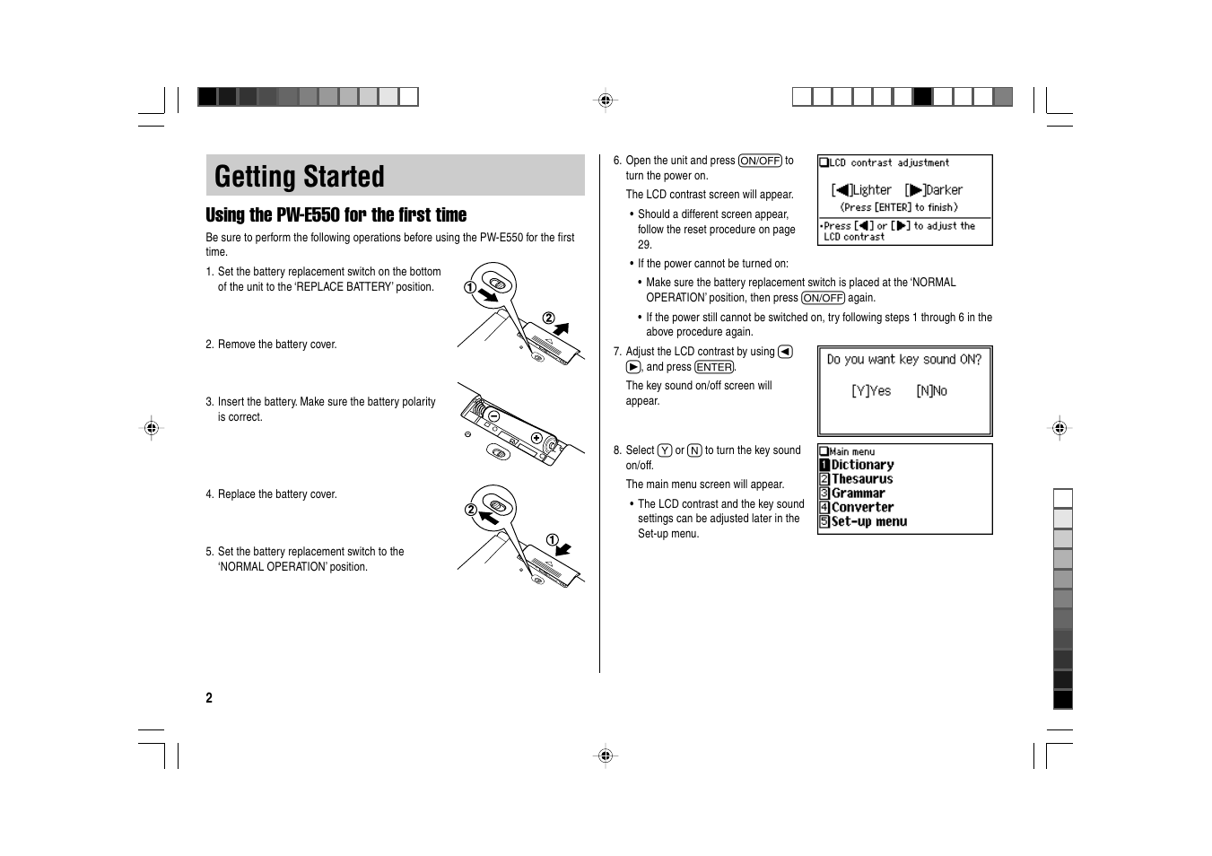 Getting started, Using the pw-e550 for the first time | Sharp Electronic Dictionary PW-E550 User Manual | Page 4 / 56