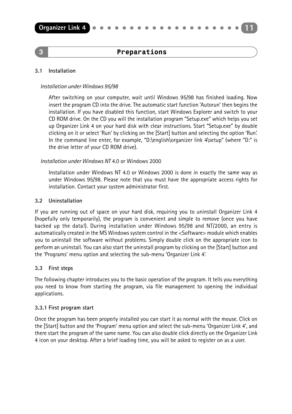 3 preparations, 1 installation, 2 uninstallation | 3 first steps, 1 first program start, Preparations, Installation, Uninstallation, First steps, First program start | Sharp ORGANIZER Link4 User Manual | Page 11 / 35