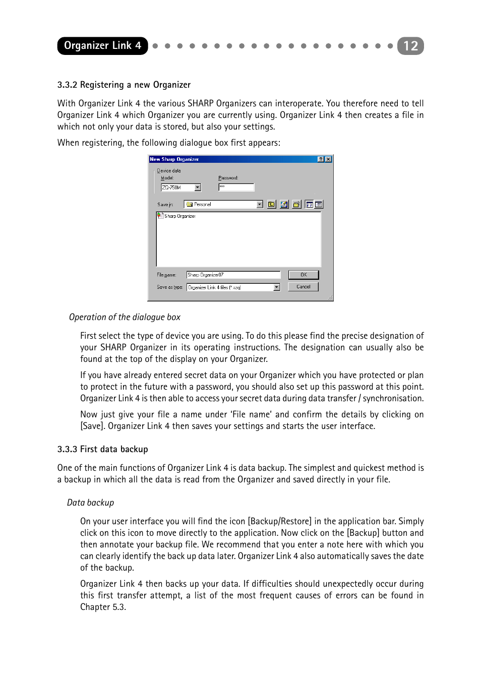 2 registering a new organizer, 3 first data backup, Registering a new organizer | First data backup | Sharp ORGANIZER Link4 User Manual | Page 12 / 35