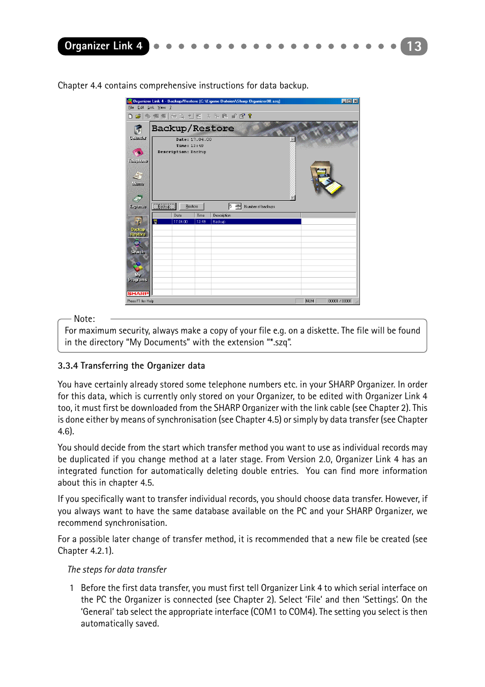 4 transferring the organizer data, Transferring the organizer data | Sharp ORGANIZER Link4 User Manual | Page 13 / 35