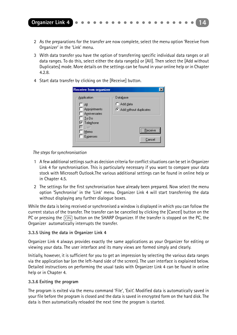 5 using the data in organizer link 4, 6 exiting the program, Using the data in organizer link 4 | Exiting the program | Sharp ORGANIZER Link4 User Manual | Page 14 / 35