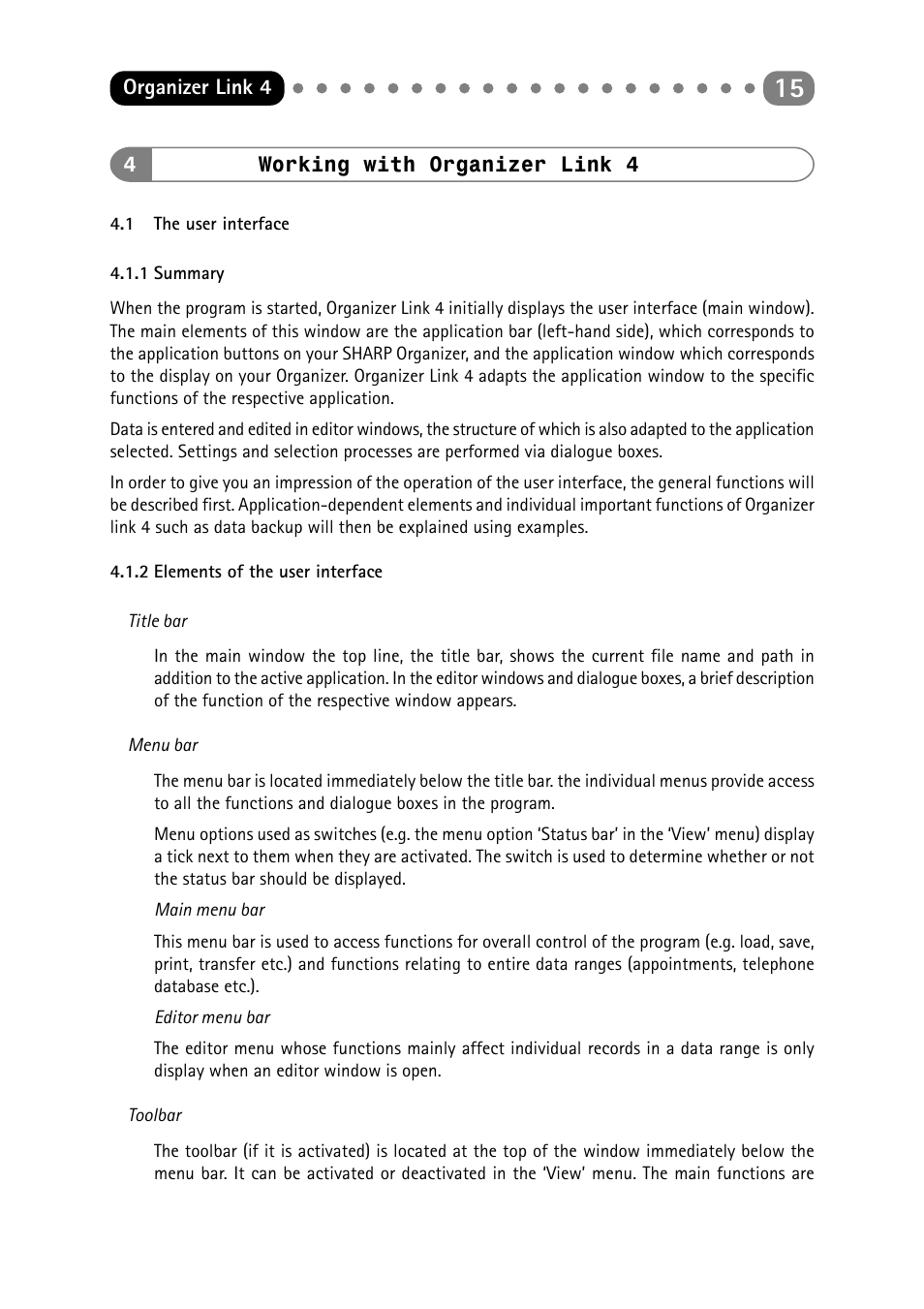 4 working with organizer link 4, 1 the user interface, 1 summary | 2 elements of the user interface, Working with organizer link 4, The user interface, Summary, Elements of the user interface | Sharp ORGANIZER Link4 User Manual | Page 15 / 35