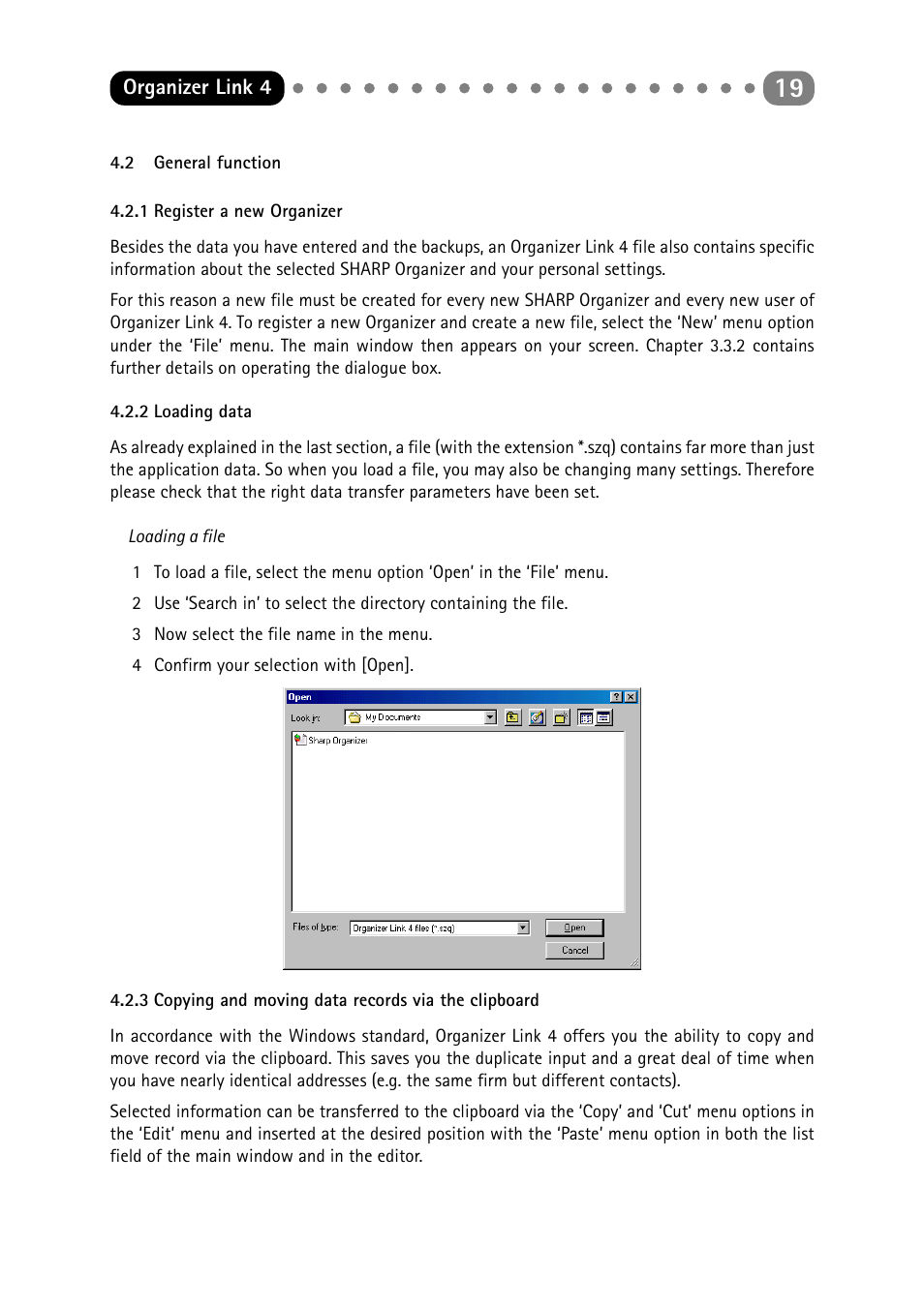 2 general function, 1 register a new organizer, 2 loading data | General function, Register a new organizer, Loading data, Copying and moving data records via the clipboard | Sharp ORGANIZER Link4 User Manual | Page 19 / 35