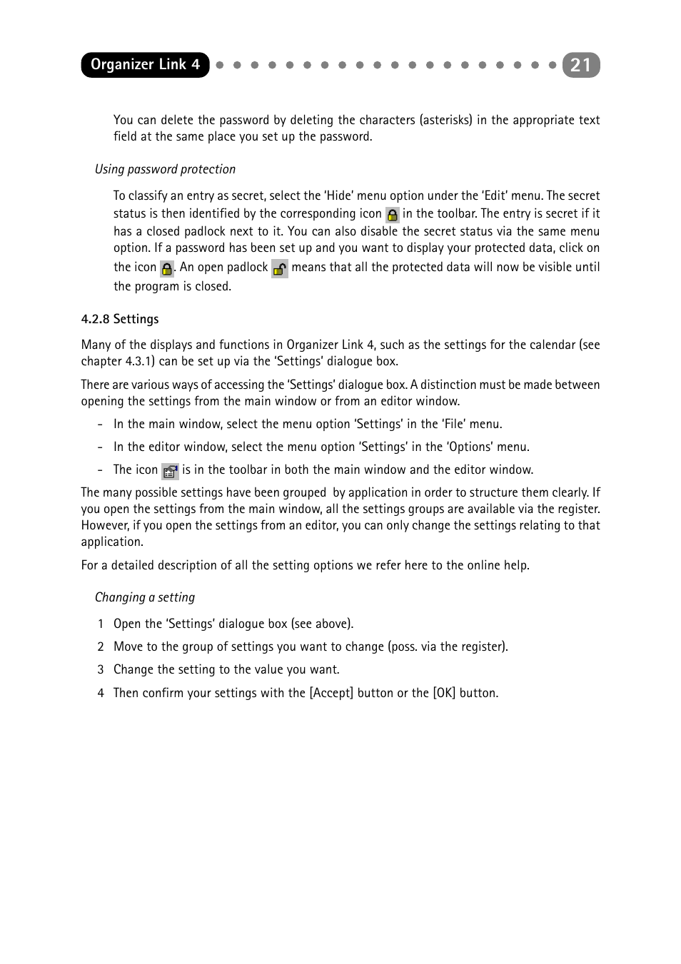 8 settings, Settings | Sharp ORGANIZER Link4 User Manual | Page 21 / 35