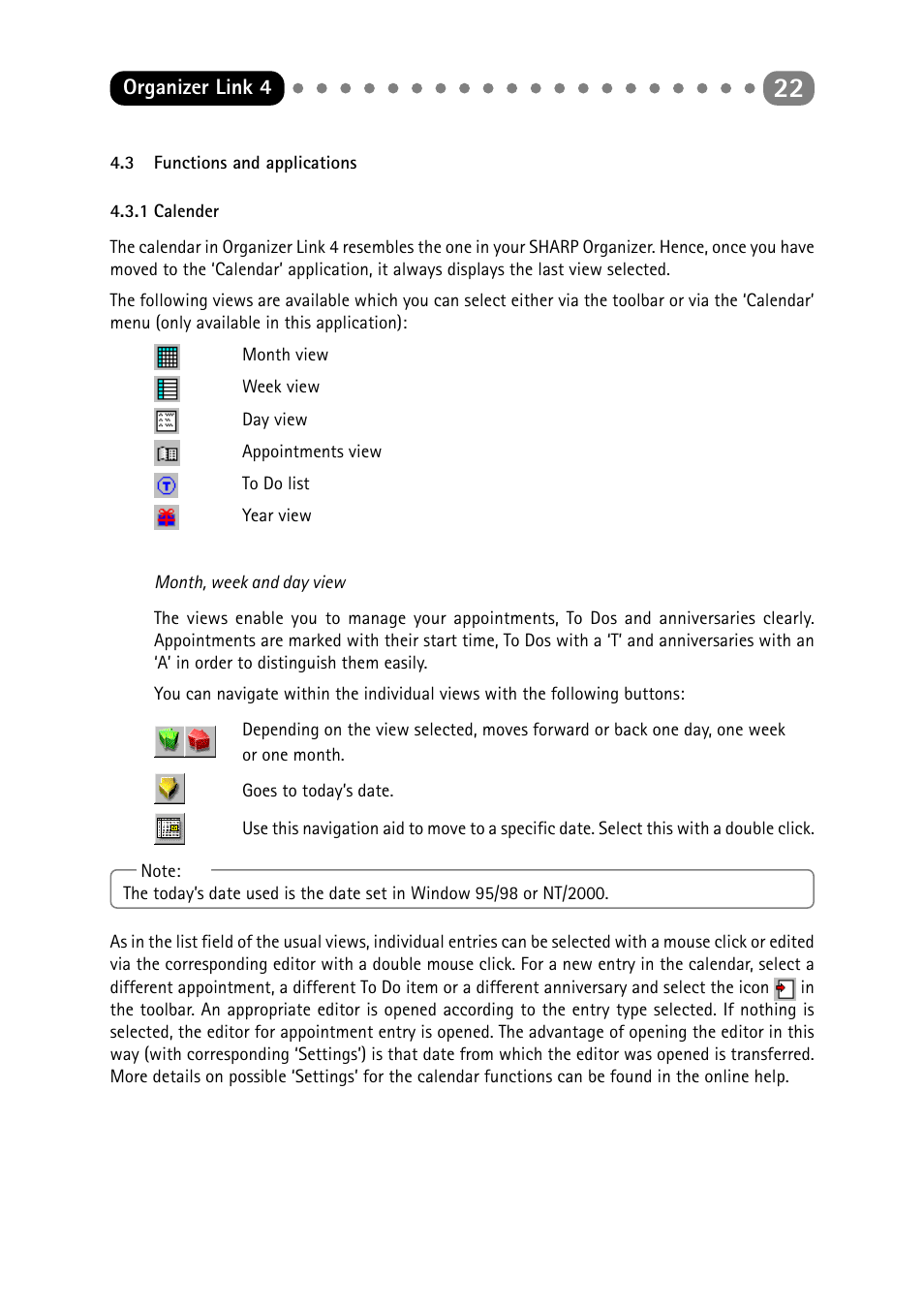 3 functions and applications, 1 calender, Functions and applications | Calender | Sharp ORGANIZER Link4 User Manual | Page 22 / 35