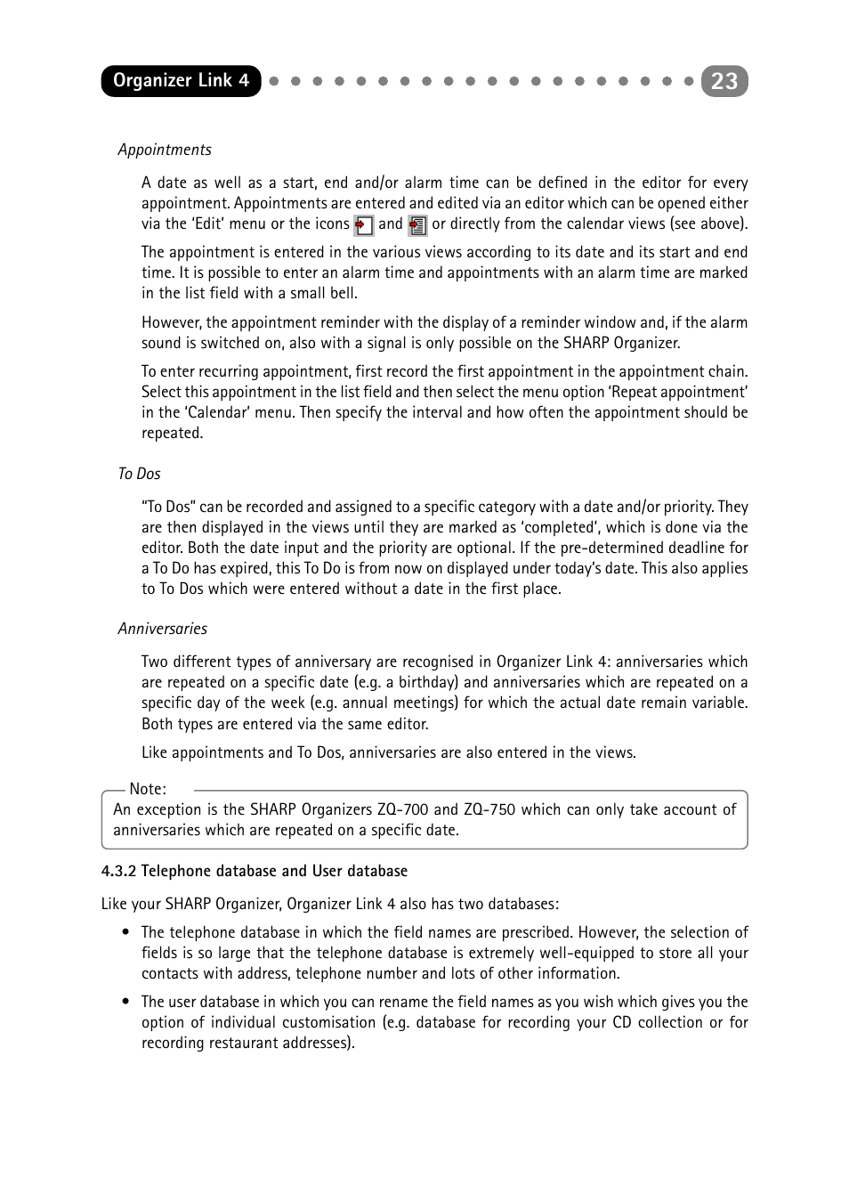 2 telephone database and user database, Telephone database and user database | Sharp ORGANIZER Link4 User Manual | Page 23 / 35