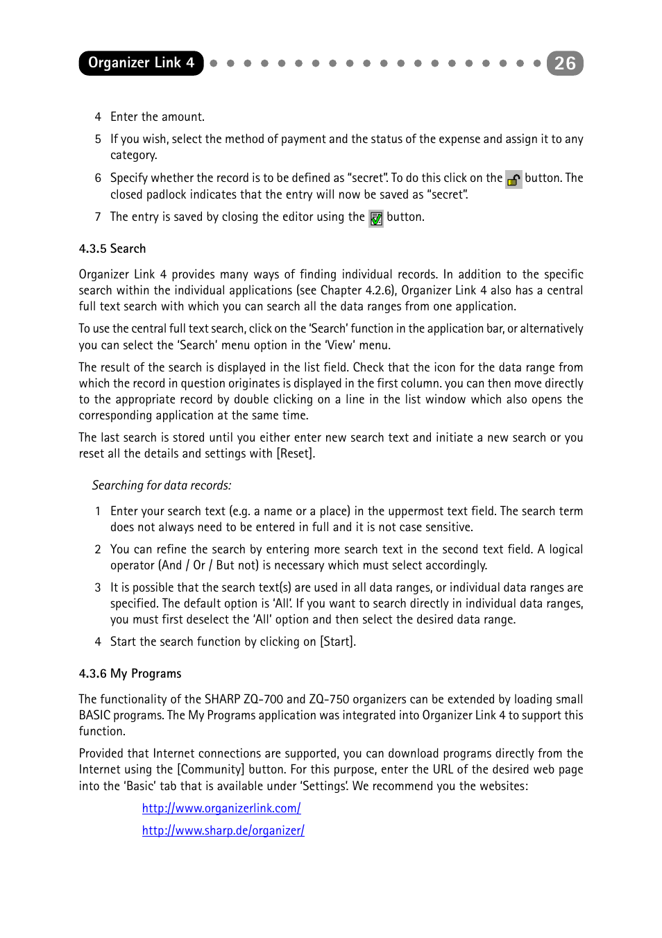 5 search, 6 my programs, Search | My programs | Sharp ORGANIZER Link4 User Manual | Page 26 / 35