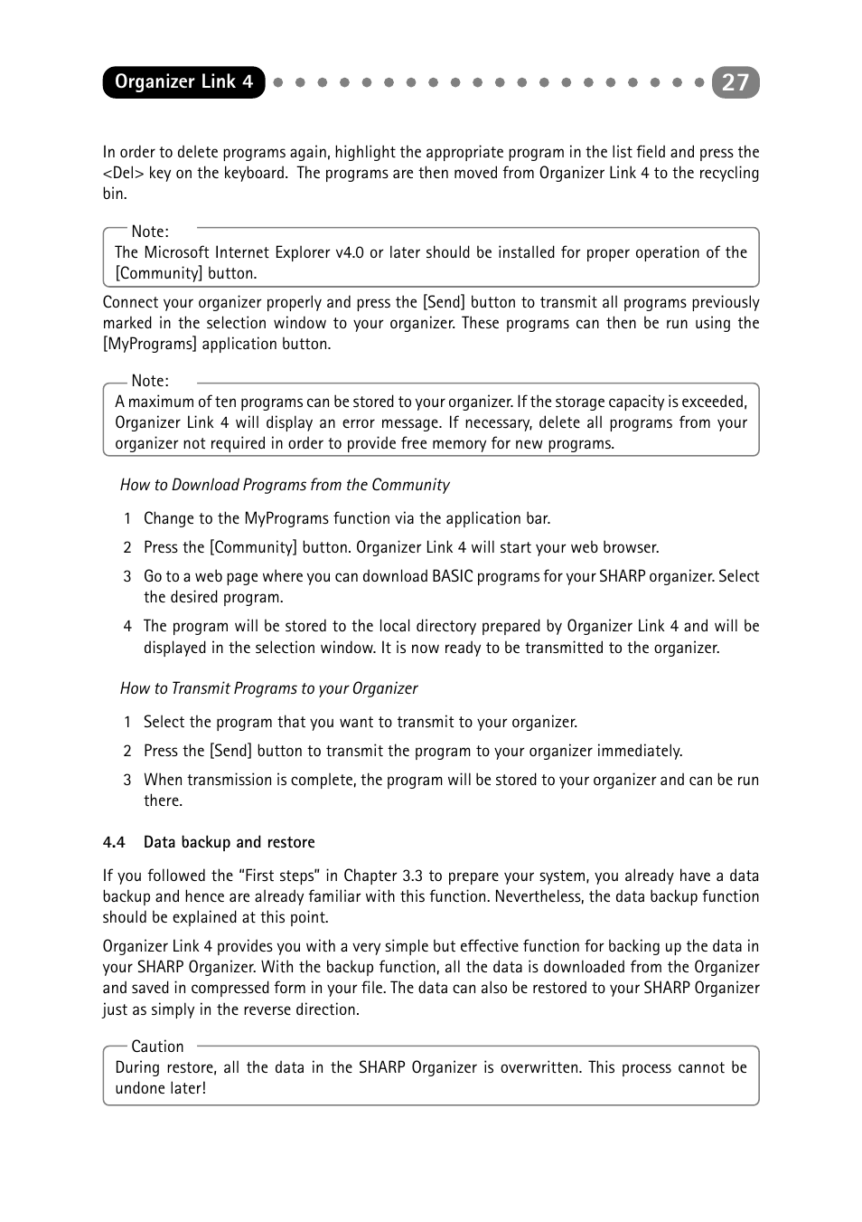 4 data backup and restore, Data backup and restore | Sharp ORGANIZER Link4 User Manual | Page 27 / 35