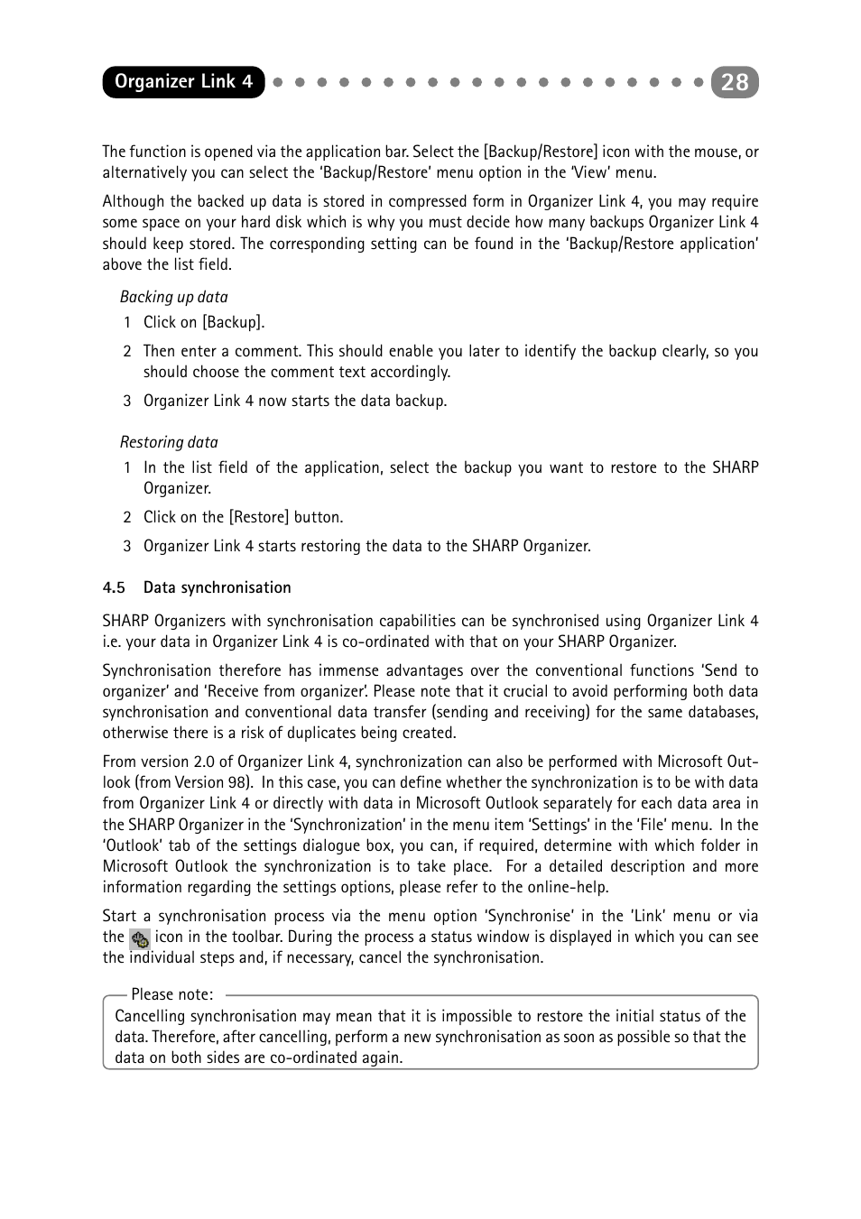 5 data synchronisation, Data synchronisation, From version 98). (see chapter 4.5) | About this in chapter 4.5 | Sharp ORGANIZER Link4 User Manual | Page 28 / 35