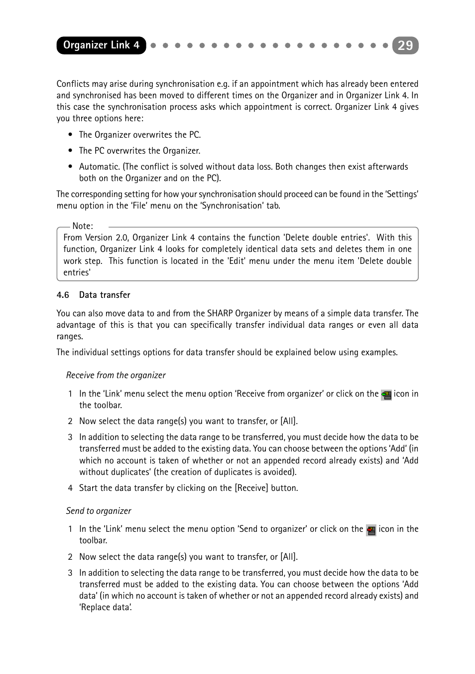 6 data transfer, Data transfer | Sharp ORGANIZER Link4 User Manual | Page 29 / 35