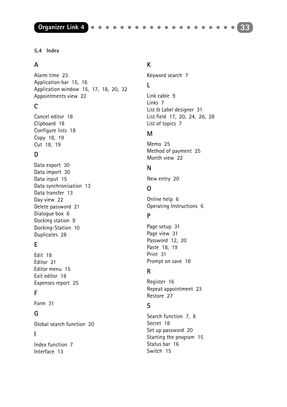 4 index, Index | Sharp ORGANIZER Link4 User Manual | Page 33 / 35