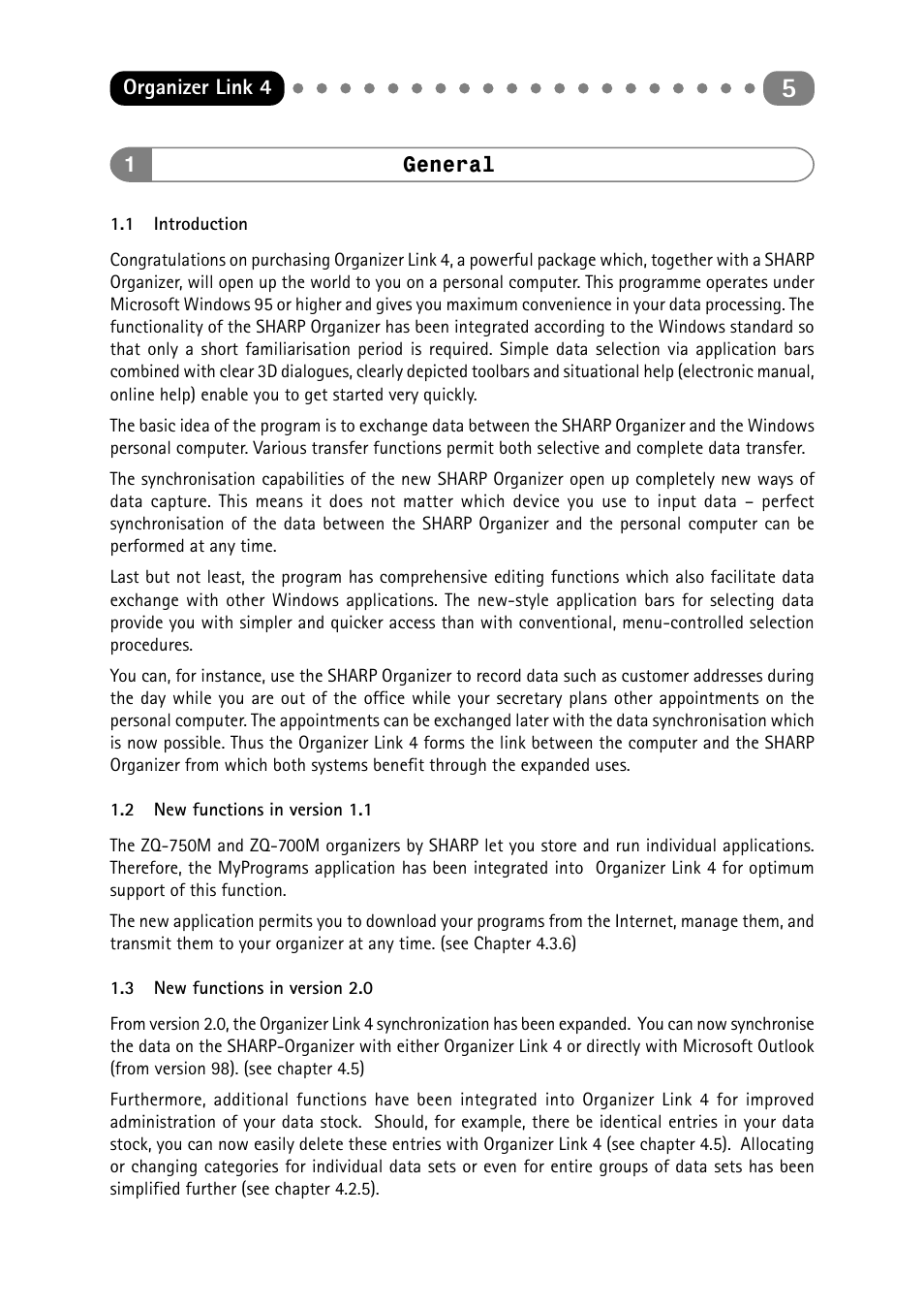 1 general, 1 introduction, 2 new functions in version 1.1 | 3 new functions in version 2.0, General, Introduction, New functions in version 1.1, New functions in version 2.0 | Sharp ORGANIZER Link4 User Manual | Page 5 / 35