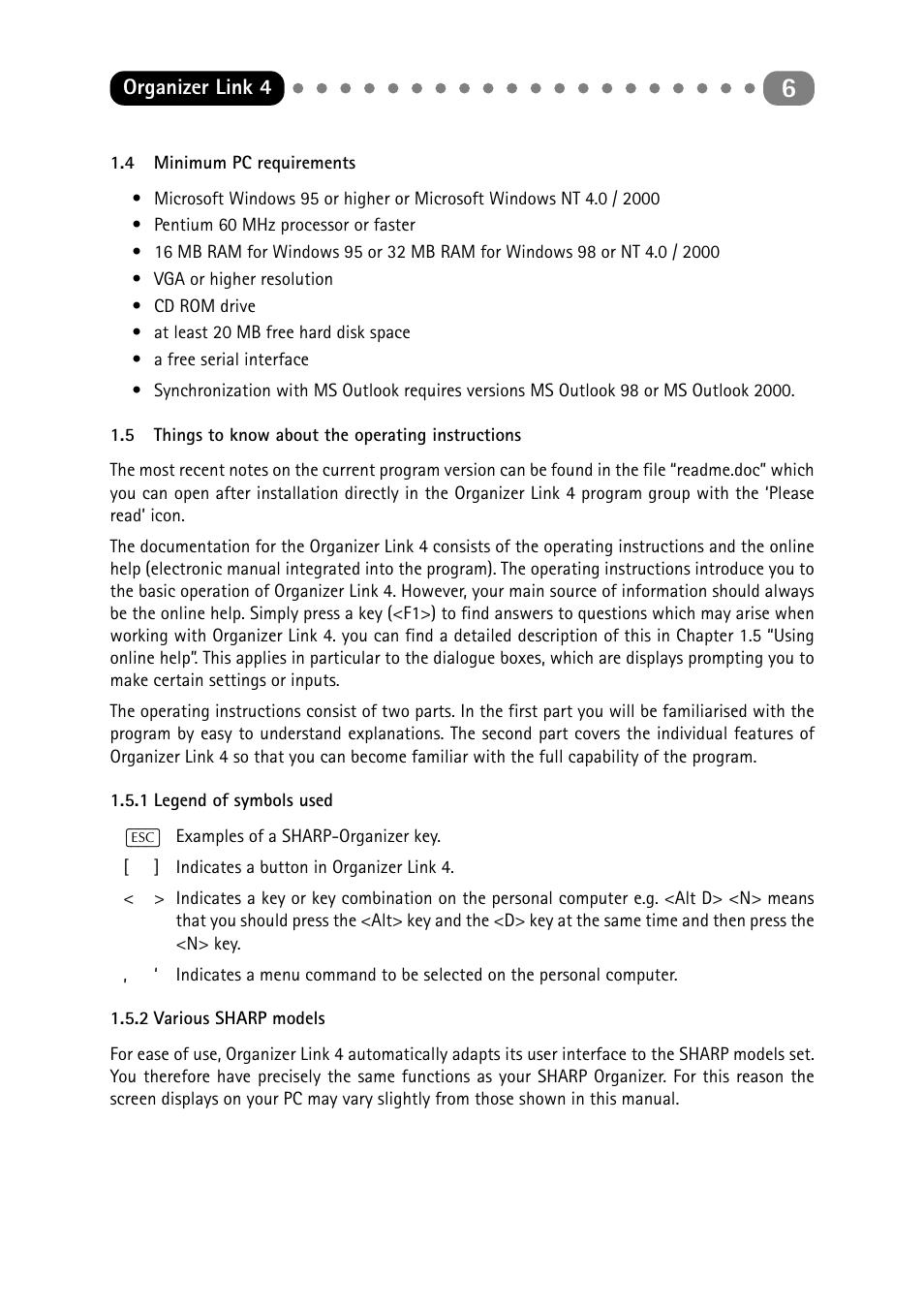 4 minimum pc requirements, 5 things to know about the operating instructions, 1 legend of symbols used | 2 various sharp models, Minimum pc requirements, Things to know about the operating instructions, Legend of symbols used, Various sharp models | Sharp ORGANIZER Link4 User Manual | Page 6 / 35