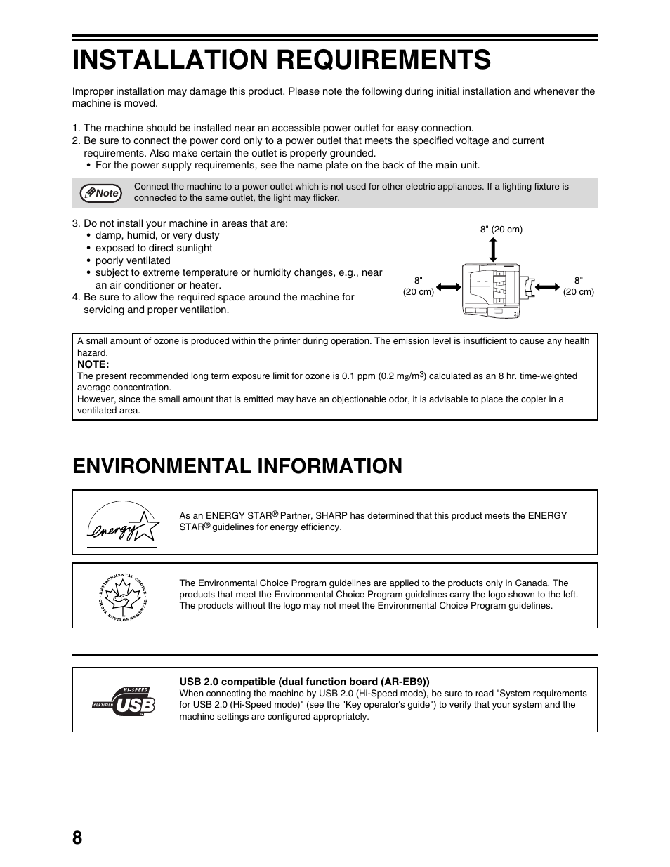 Installation requirements, Environmental information | Sharp AR-M162 User Manual | Page 10 / 372